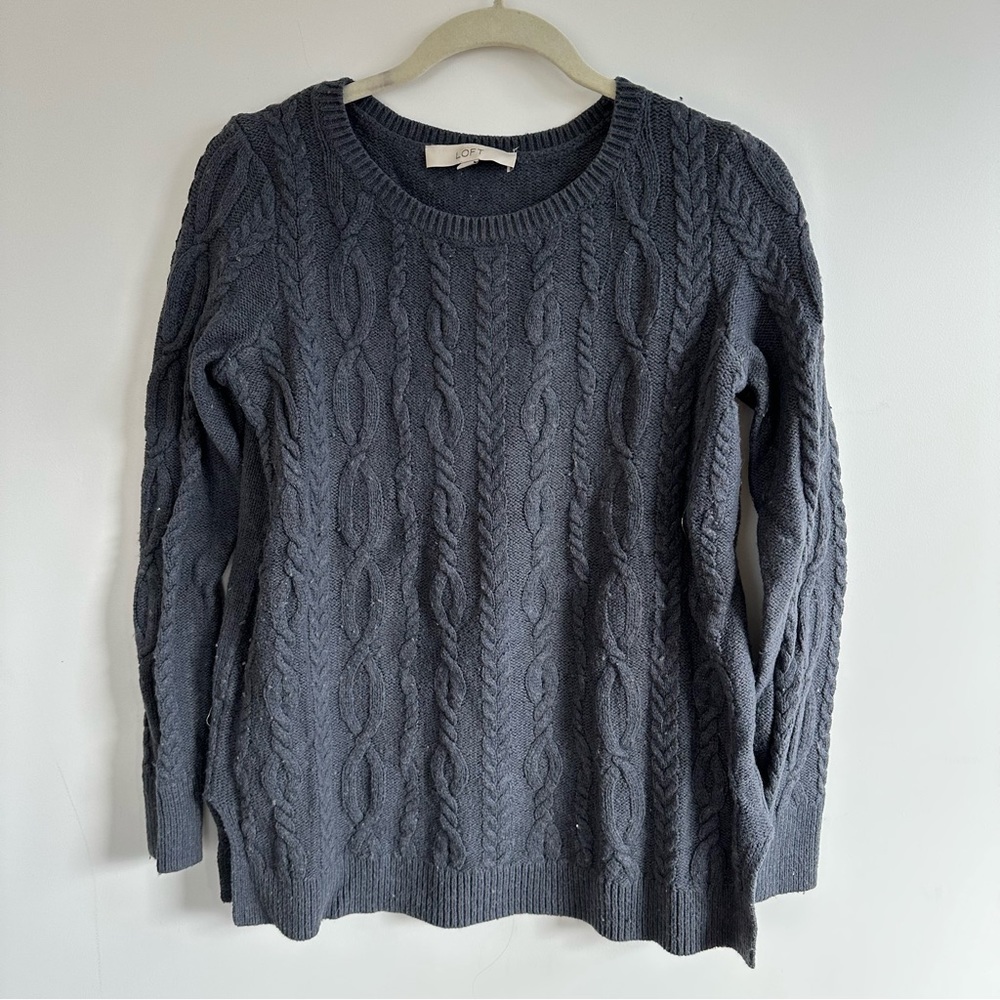 LOFT Gray Cable-Knit Oversized Cozy Sweater